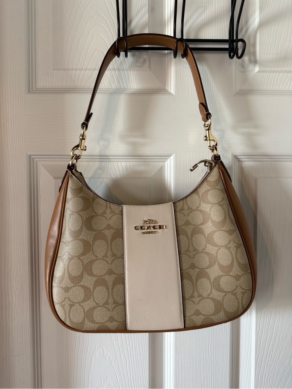 Coach Tan and Cream Signature Shoulder Hobo